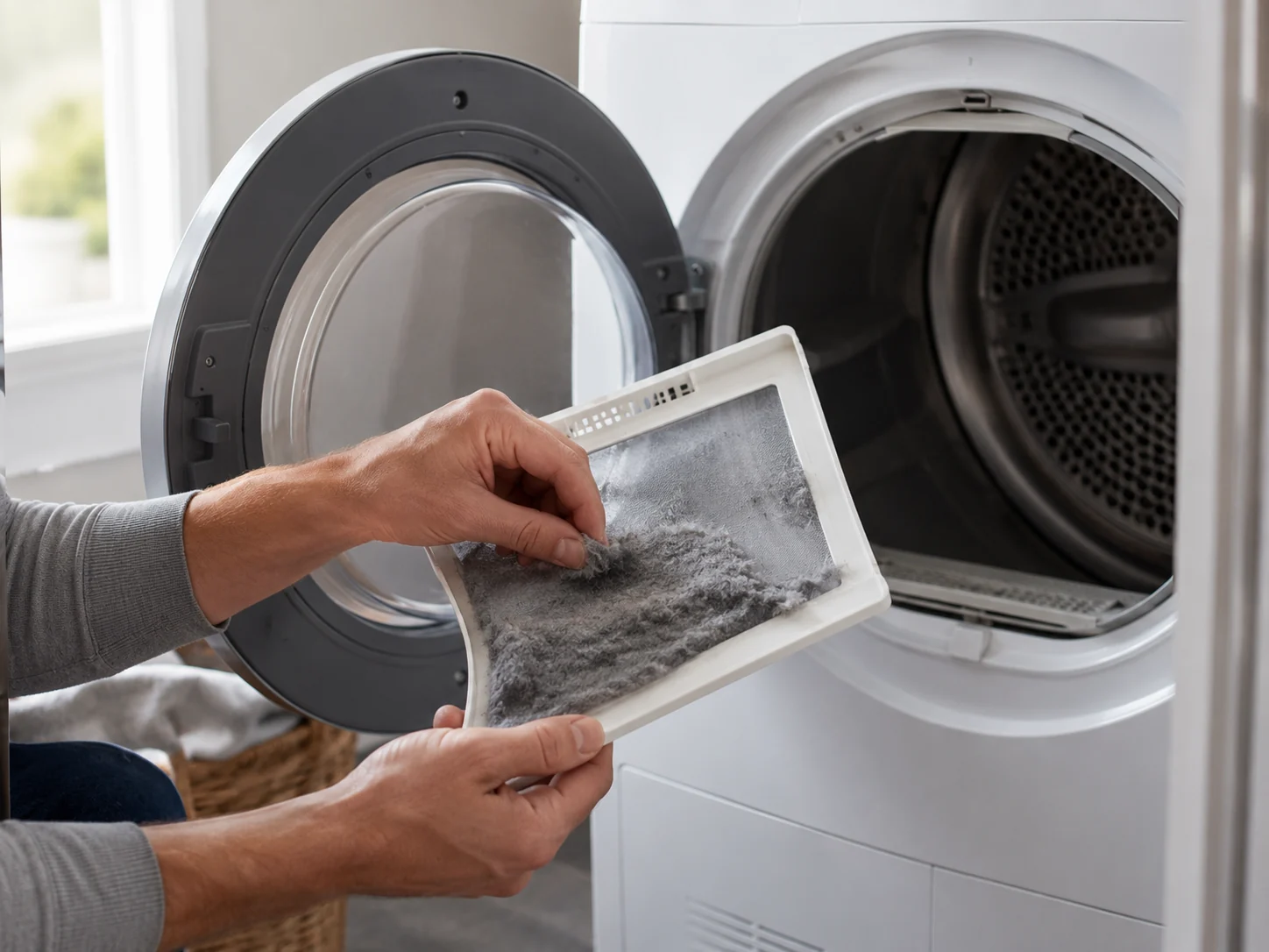 homeowner cleaning a dryer lint filter as part of a laundry room maintenance checklist