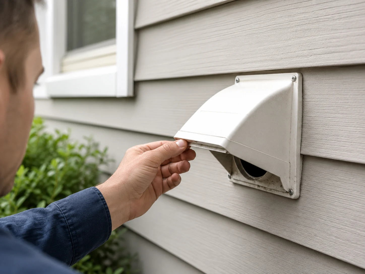 homeowner inspecting an exterior dryer vent for a laundry room maintenance checklist