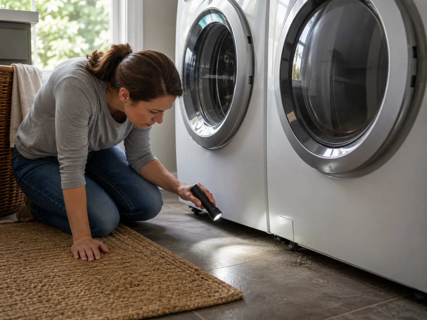homeowner checking beneath washer and dryer during a laundry room maintenance checklist