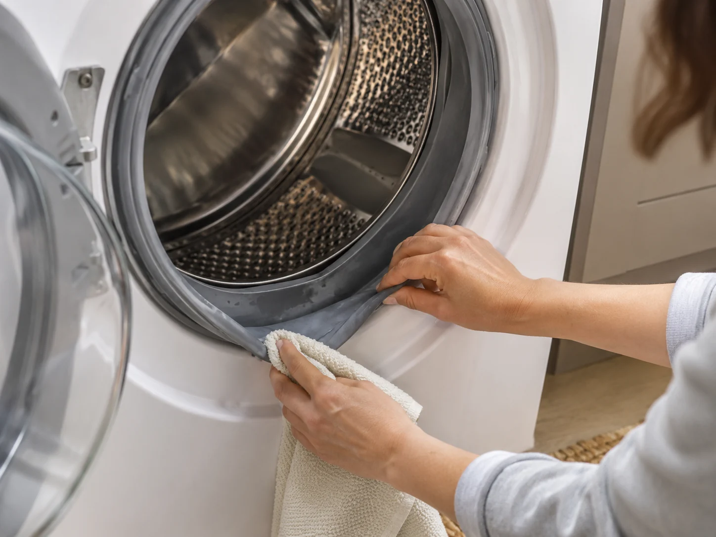 front-load washer gasket being wiped during a laundry room maintenance checklist inspection